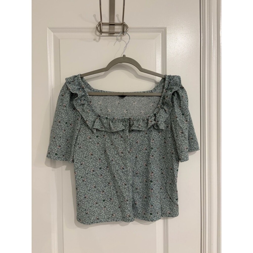Ann Taylor Mint Green Floral Ruffle Square-Neck Blouse